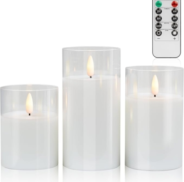 Clear Glass Flickering Flameless Candles Battery Operated with Remote Control, LED Pillar Candles with Timer, Romantic Candles for Wedding Home Decor, White, Set of 3