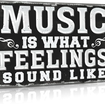 Putuo Decor Metal Vintage Music Sign, Retro Wall Decor for Coffee Bar, Man Cave, Garage, (12)(8) Inches Aluminum Sign (Music Is What Feelings Sound Like)