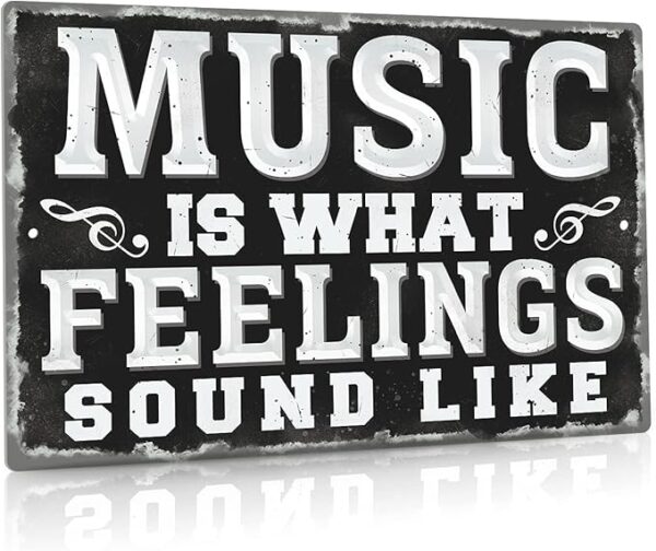 Putuo Decor Metal Vintage Music Sign, Retro Wall Decor for Coffee Bar, Man Cave, Garage, (12)(8) Inches Aluminum Sign (Music Is What Feelings Sound Like)