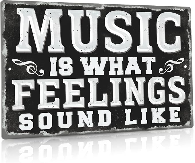 Putuo Decor Metal Vintage Music Sign, Retro Wall Decor for Coffee Bar, Man Cave, Garage, (12)(8) Inches Aluminum Sign (Music Is What Feelings Sound Like)