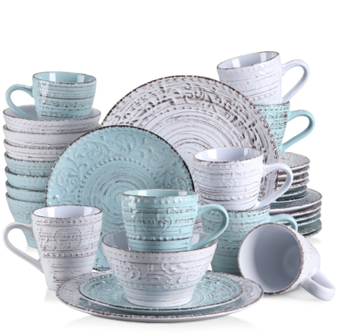 Vancasso Dinnerware Sets, Stoneware Dinner Set for 8, 32-Piece Round Blue and Beige, Series Vine