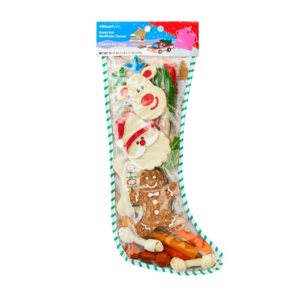 Vibrant Life Stocking with Assorted Rawhide Chews, Holiday Treats for Dogs, Dry, 18.17 oz, 15 Count