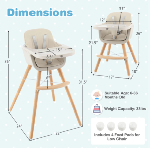 Babyjoy 3 in 1 Convertible Wooden High Chair Toddler Feeding Chair with Cushion Beige(2)